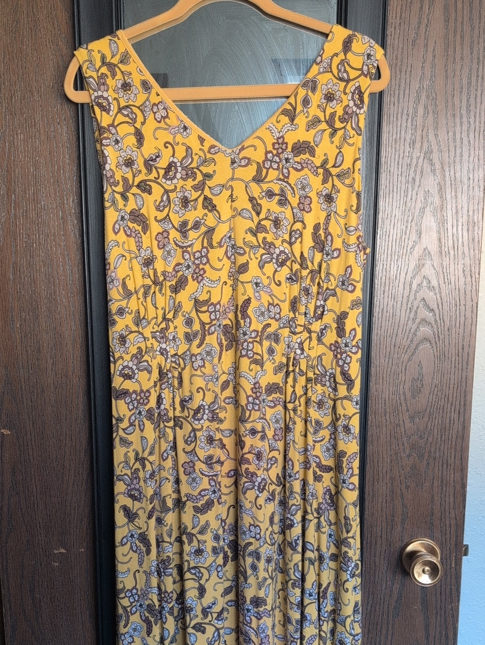Coldwater Creek Yellow Floral V-Neck Maxi Dress with Brown Print